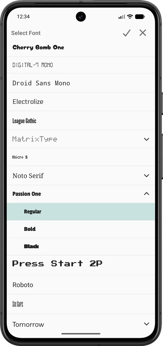 Font picker with many font choices