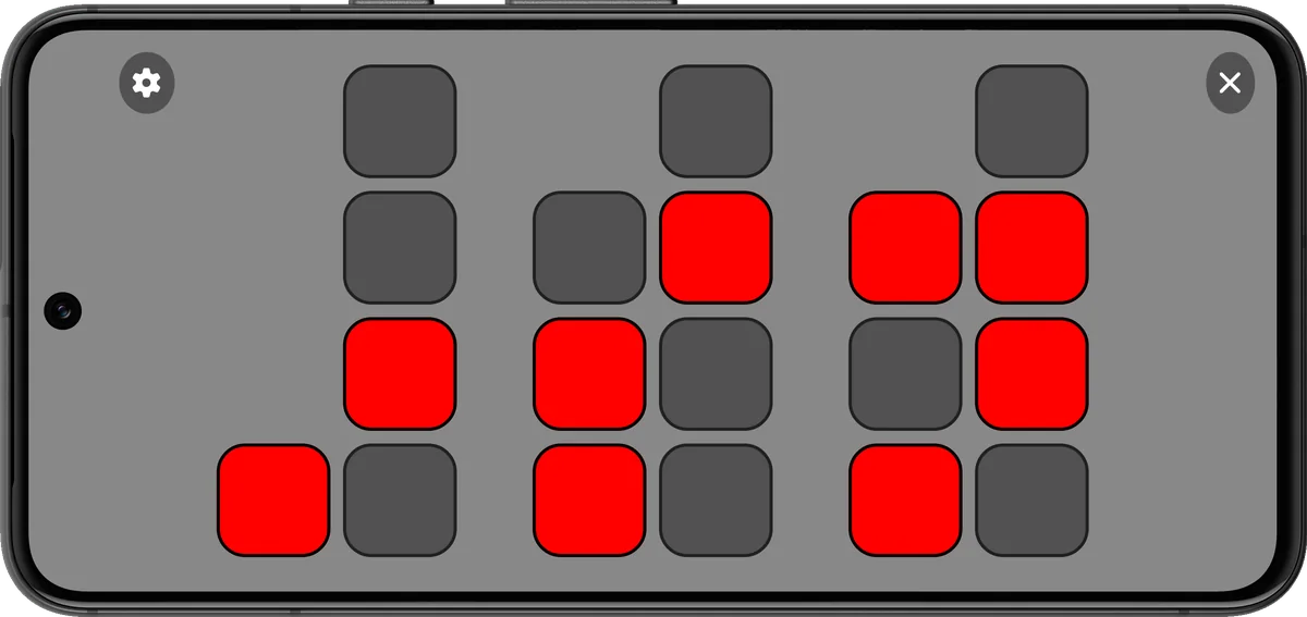 Full screen binary clock in landscape with red cells